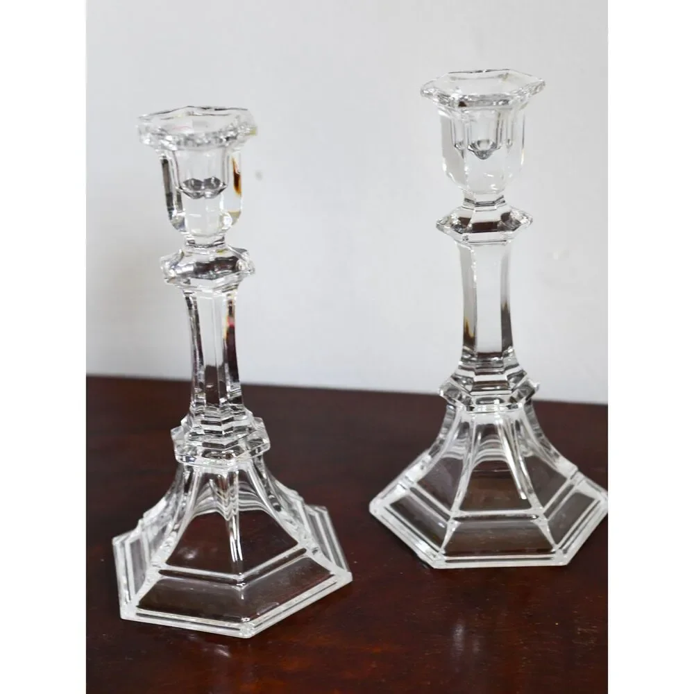 Vintage Crystal Glass Candlestick Pair 8 Inch | Hexagonal Base Faceted Stem